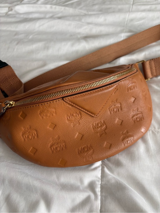 MCM Handbags - MCM Cognac Embossed Visetos Belt Bag with Gold Hardware